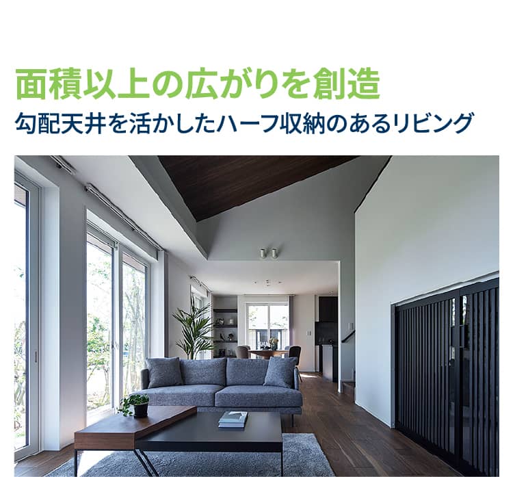 面積以上の広がりを創造 勾配天井を活かしたハーフ収納のあるリビング