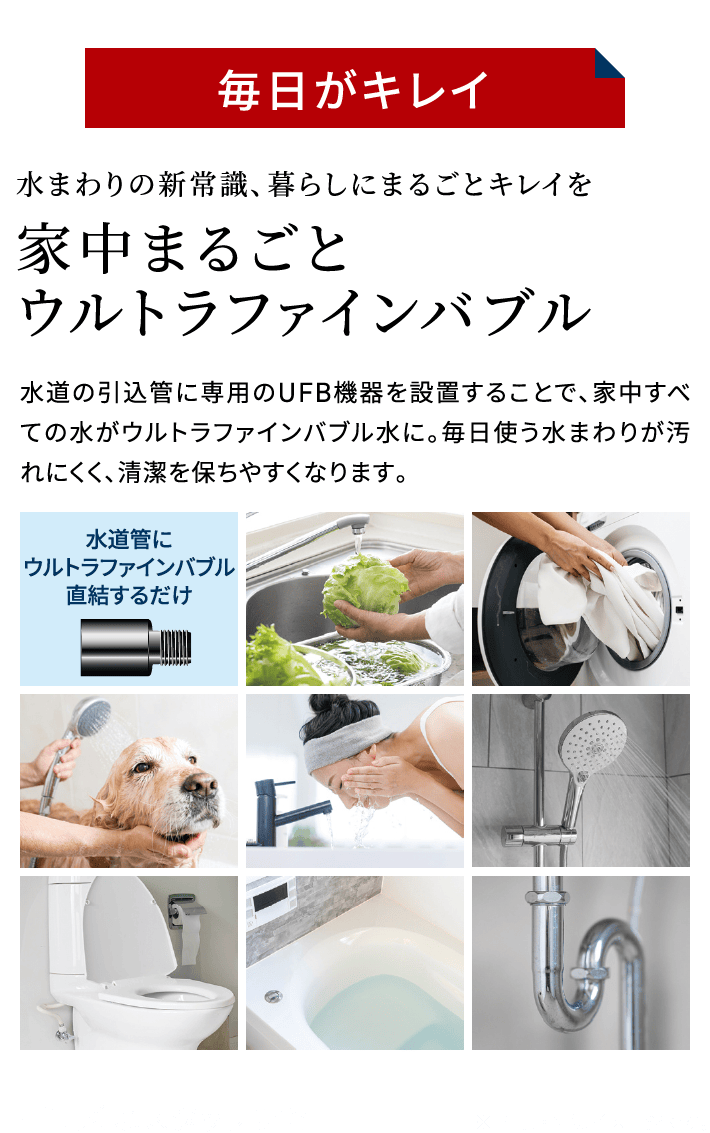 毎日がキレイ 水まわりの新常識、暮らしにまるごとキレイを 家中まるごとウルトラファインバブル 水道の引込管に専用のUFB機器を設置することで、家中すべての水がウルトラファインバブル水に。毎日使う水まわりが汚れにくく、清潔を保ちやすくなります。 水道管にウルトラファインバブル直結するだけ