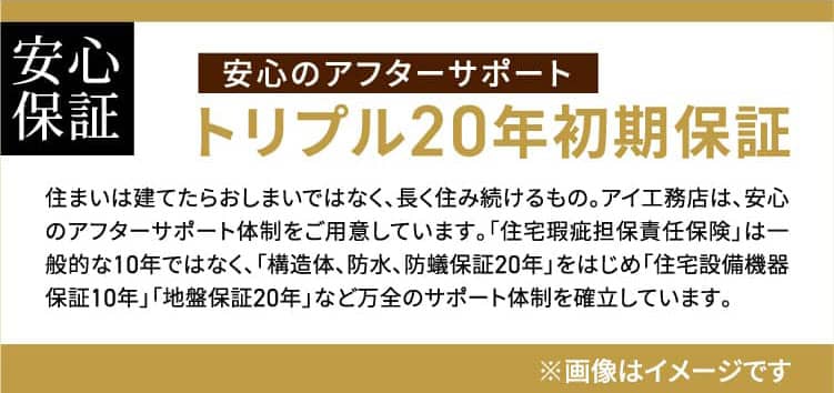 トリプル20年初期保証 住まいは建てたらおしまいではなく、長く住み続けるもの。アイ工務店は、安心のアフターサポート体制をご用意しています。「住宅瑕疵担保責任保険」は一般的な10年ではなく、「構造体、防水、防蟻保証20年」をはじめ「住宅設備機器保証10年」「地盤保証20年」など万全のサポート体制を確立しています。
