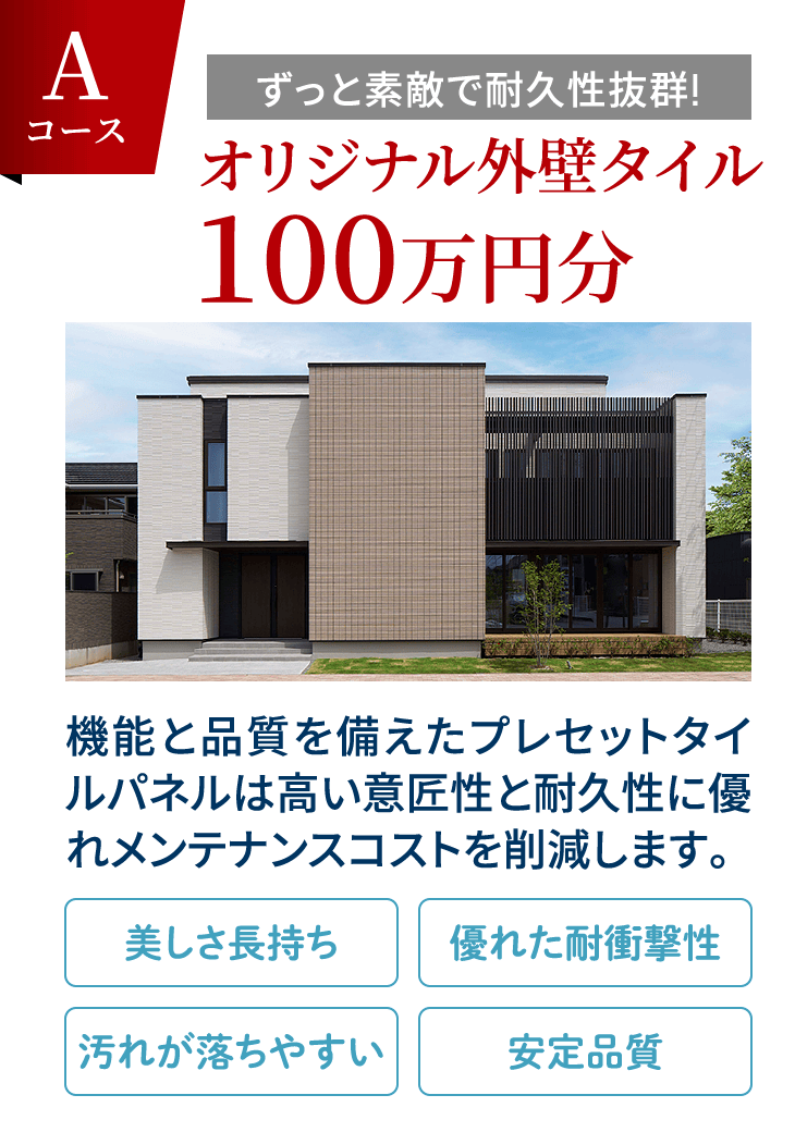 Aコース ずっと素敵で耐久性抜群! オリジナル外壁タイル 100万円分 機能と品質を備えたプレセットタイルパネルは高い意匠性と耐久性に優れメンテナンスコストを削減します。