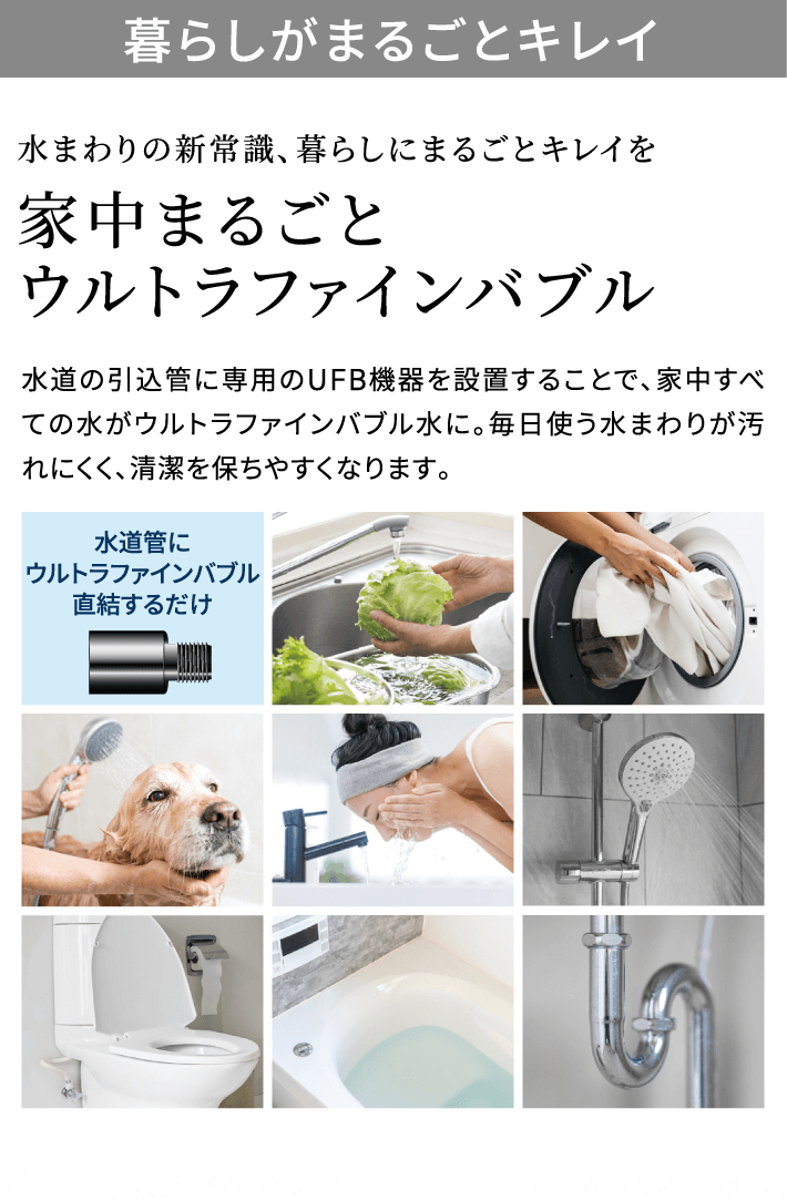 暮らしがまるごとキレイ 水まわりの新常識、暮らしにまるごとキレイを 家中まるごとウルトラファインバブル 水道の引込管に専用のUFB機器を設置することで、家中すべての水がウルトラファインバブル水に。毎日使う水まわりが汚れにくく、清潔を保ちやすくなります。