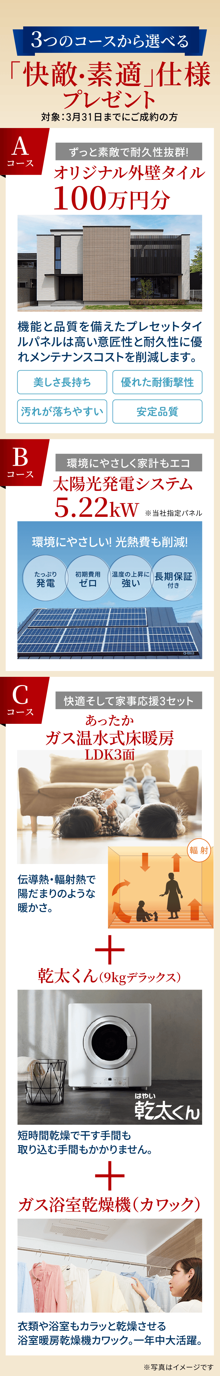 3つのコースから選べる「快敵・素適」仕様プレゼント 対象：3月31日までにご成約の方 Aコース：オリジナル外壁タイル 100万円分 Bコース：太陽光発電システム 5.22kw Cコース：快適そして家事応援3セット：あったかガス温水式床暖房（LDK3面）,乾太くん（9kgデラックス）,ガス浴室乾燥機（カワック）