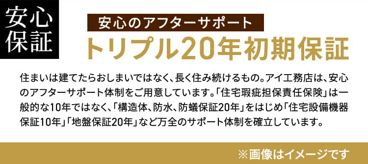 安心保証 安心のアフターサポート トリプル20年初期保証 住まいは建てたらおしまいではなく、長く住み続けるもの。アイ工務店は、安心のアフターサポート体制をご用意しています。「住宅瑕疵担保責任保険」は一般的な10年ではなく、「構造体、防水、防蟻保証20年」をはじめ「住宅設備機器保証10年」「地盤保証20年」など万全のサポート体制を確立しています。
