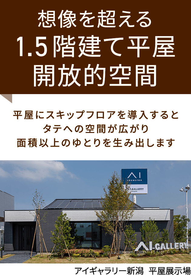 想像を超える1.5階建て平屋開放的空間 平屋にスキップフロアを導入するとタテへの空間が広がり面積以上のゆとりを生み出します