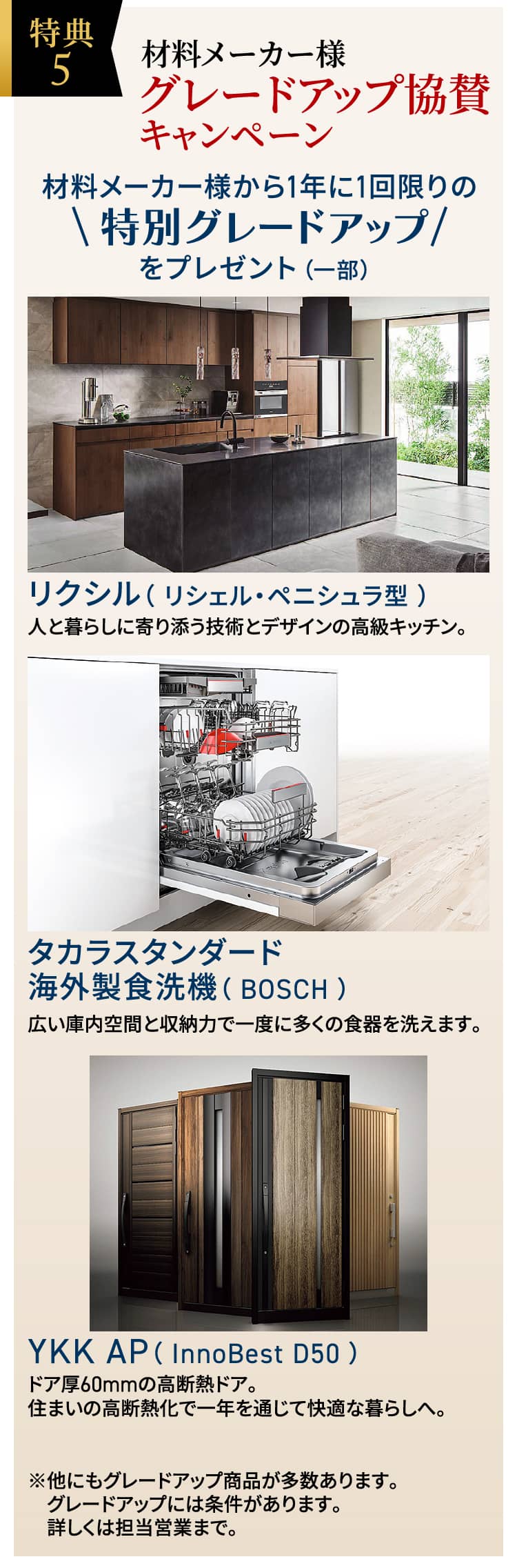 特典5 材料メーカー様 グレードアップ協賛キャンペーン材料メーカー様から1年に1回限りの｜特別グレードアップ｜をプレゼント（一部）／リクシル（ リシェル・ペニシュラ型 ）：人と暮らしに寄り添う技術とデザインの高級キッチン。／タカラスタンダード海外製食洗機（ BOSCH ）：広い庫内空間と収納力で一度に多くの食器を洗えます。／YKK AP（ InnoBest D50 ）：ドア厚60mmの高断熱ドア。住まいの高断熱化で一年を通じて快適な暮らしへ。※他にもグレードアップ商品が多数あります。グレードアップには条件があります。詳しくは担当営業まで。