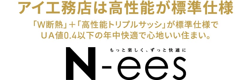 アイ工務店は高性能が標準仕様 「W断熱」＋「高性能トリプルサッシ」が標準仕様でUA値0.4以下の年中快適で心地いい住まい。N-ees