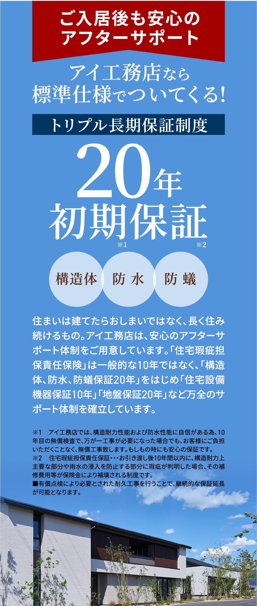 ご入居後も安心のアフターサポート アイ工務店なら標準仕様でついてくる! トリプル長期保証制度 20年初期保証 住まいは建てたらおしまいではなく、長く住み続けるもの。アイ工務店は、安心のアフターサポート体制をご用意しています。「住宅瑕疵担保責任保険」は一般的な10年ではなく、「構造体、防水、防蟻保証20年」をはじめ「住宅設備機器保証10年」「地盤保証20年」など万全のサポート体制を確立しています。