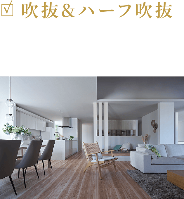 吹抜&ハーフ吹抜 縦への広がりが実際の面積以上のゆとりを生み、開放感がぐん～とアップ。
