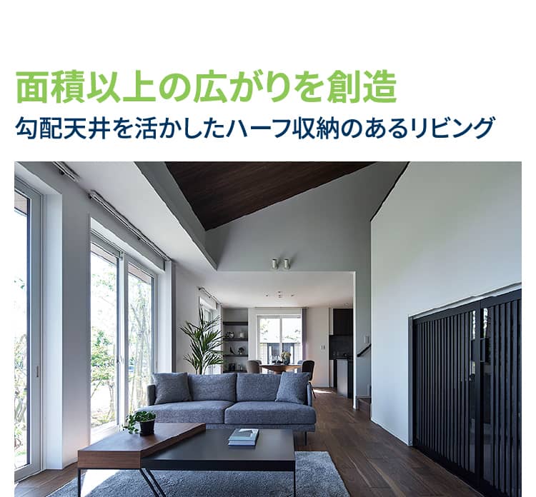 面積以上の広がりを創造 勾配天井を活かしたハーフ収納のあるリビング