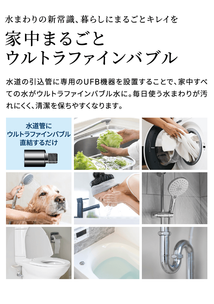 水まわりの新常識、暮らしにまるごとキレイを 家中まるごとウルトラファインバブル 水道の引込管に専用のUFB機器を設置することで、家中すべての水がウルトラファインバブル水に。毎日使う水まわりが汚れにくく、清潔を保ちやすくなります。
